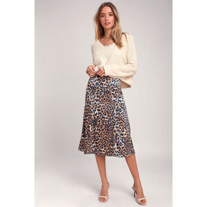 Lulus Global Icon Tan And Navy Blue Leopard Print Satin Midi Skirt - Size S